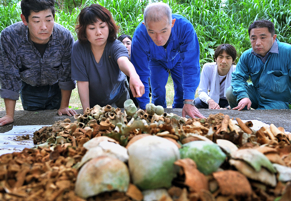 NPO団体と一緒に収集した遺骨を仕分ける